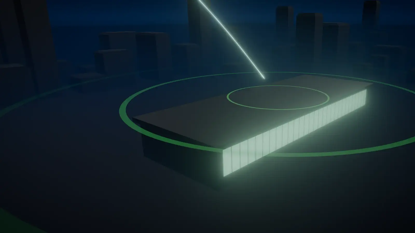 A night render of the monitoring center: a green ring lights around the building as a call connects.