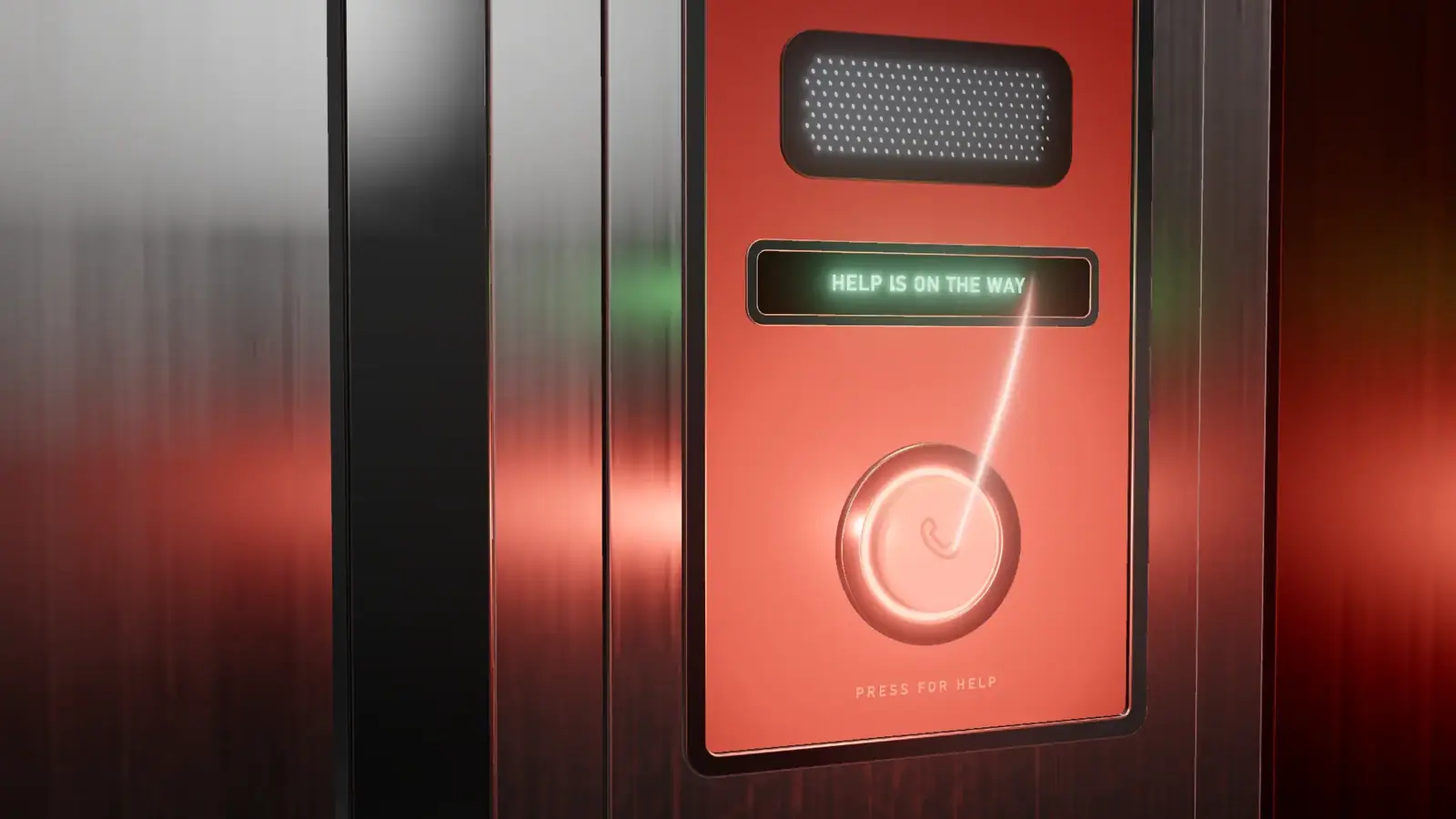 An elevator emergency panel after the call: the display reads HELP IS ON THE WAY in green.
