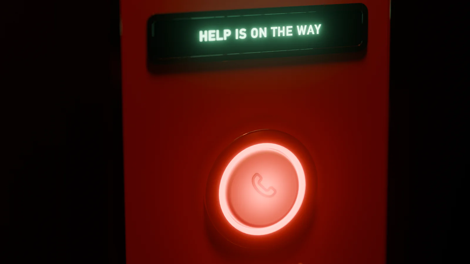 Close-up of an emergency module in a dark elevator: the call button glows red and the display reads HELP IS ON THE WAY.